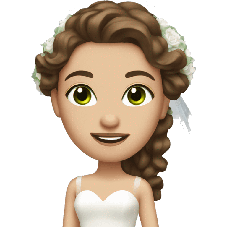 Bride with long wavy brown hair and green eyes  emoji