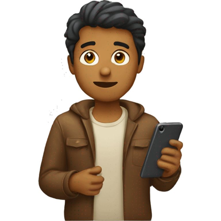 brown man holding phone wondering emoji