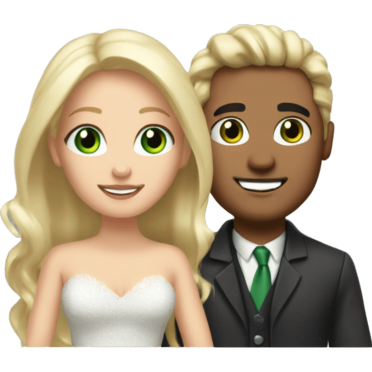 Married couple, he has black hair with gel, she has long blonde hair and green eyes  emoji