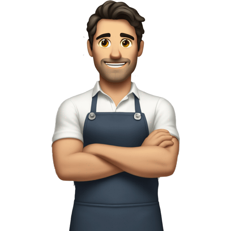 Handsome strong white man with dark hair in kitchen with apron emoji