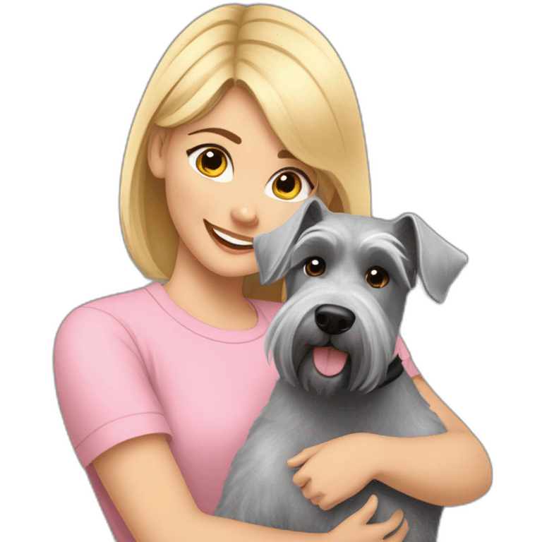 A girl with blonde hair in a light pink T-shirt and rainbow leggings hugs a gray Schnauzer dog emoji