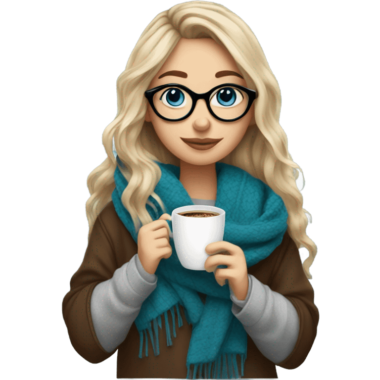 Balayage hair Girl drinking coffee, with a cozy blanket wearing glasses with blue eyes  emoji