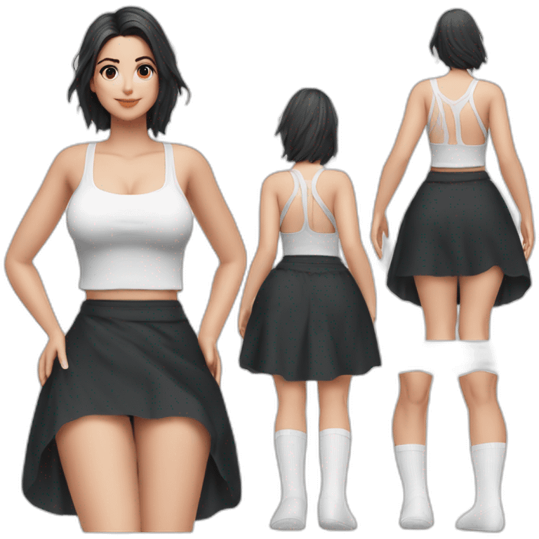 full-body-caucasian-curvy-beauty-наклоняется к земле-short-black-skirt-back-and-front-views-strong-wind-knickers-long-white-socks emoji