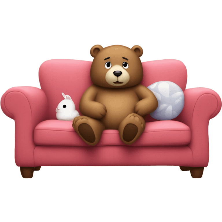 Bear on couch with thought bubble with a bunny inside and hearts emoji