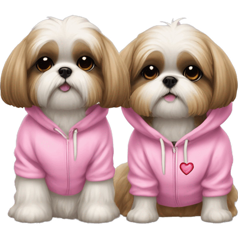 one very cute shih tzu girl and one girl maltaise dog wearing a pink hoodie with hearts emoji