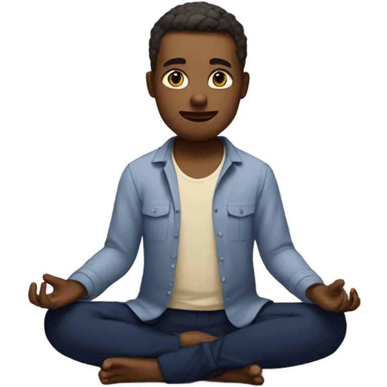 man meditating sitting down with cream shirt and navy blue pants emoji