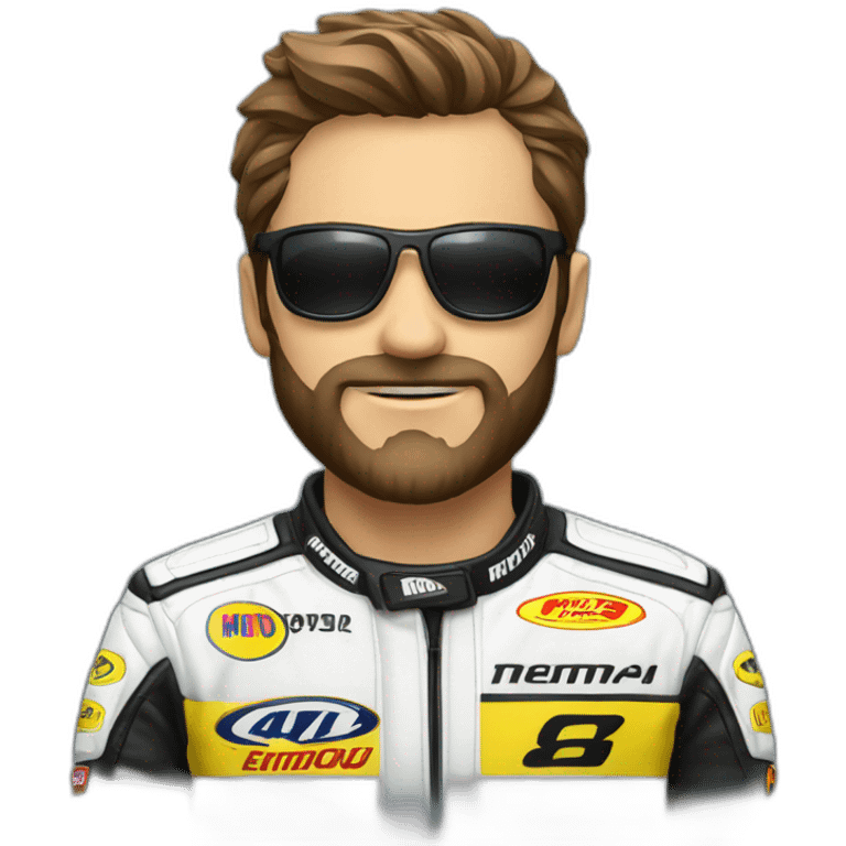 homem com barba roupa de piloto de moto gp emoji