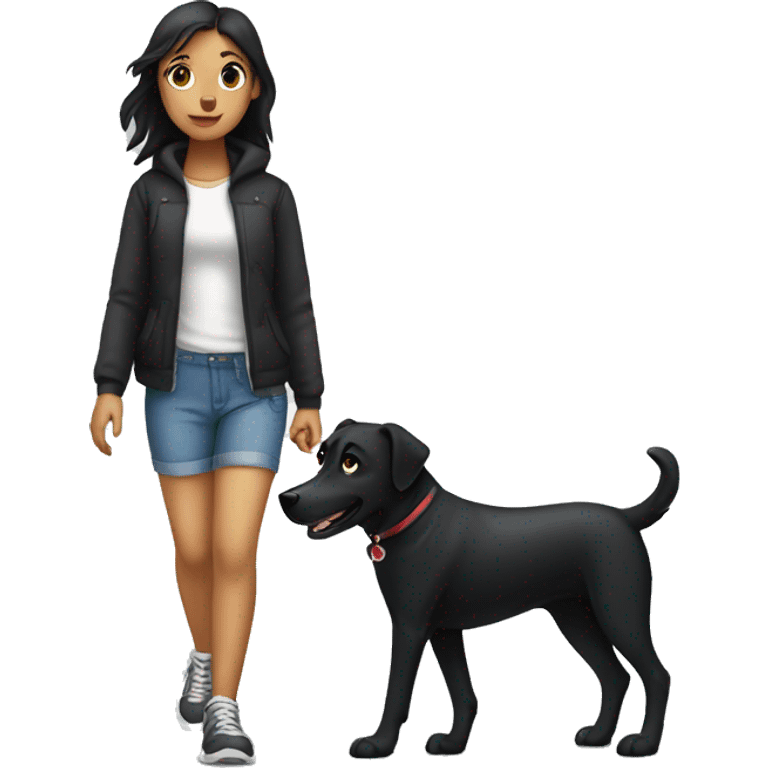 Girl walk with a black dog with white Chest emoji