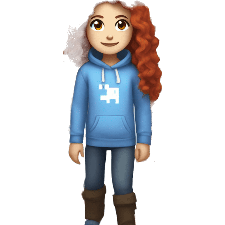 a white girl with long red curly hair and freckles, wearing periwinkle Minecraft hoodie playing a videogame smiling emoji