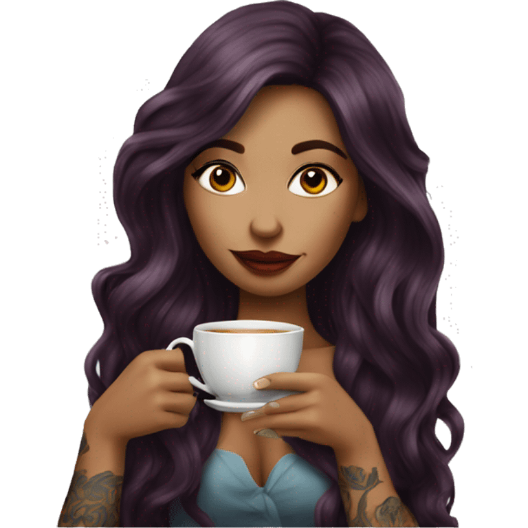 Beautiful tattooed  burgundy long haired woman sipping tea emoji