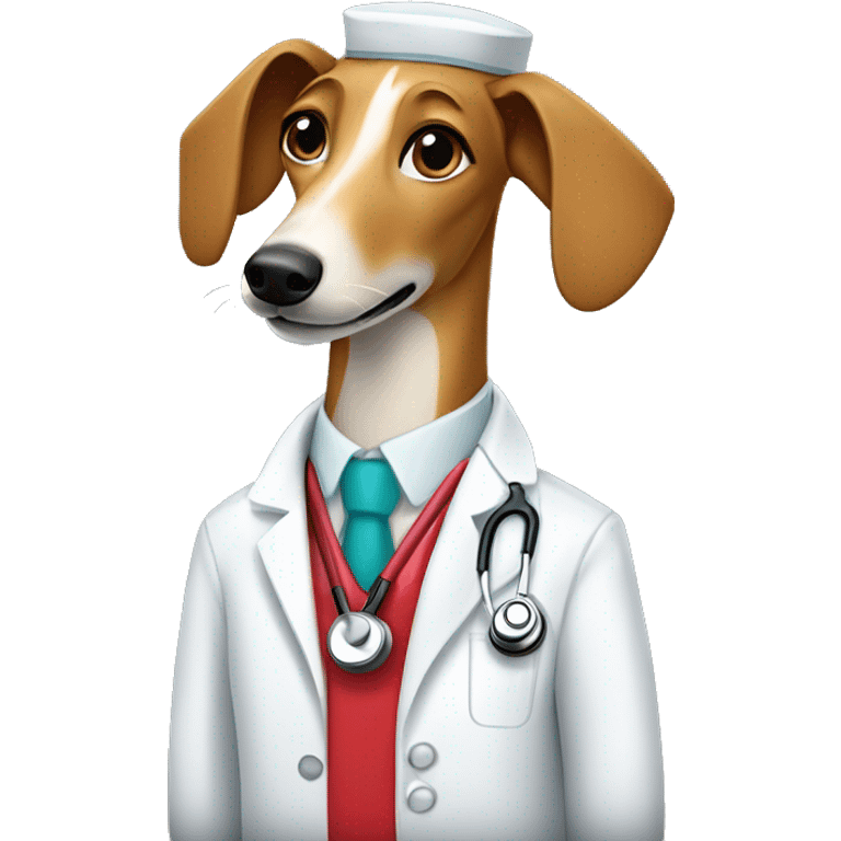 Red fawn greyhound wearing a doctors coat and stethoscope  emoji