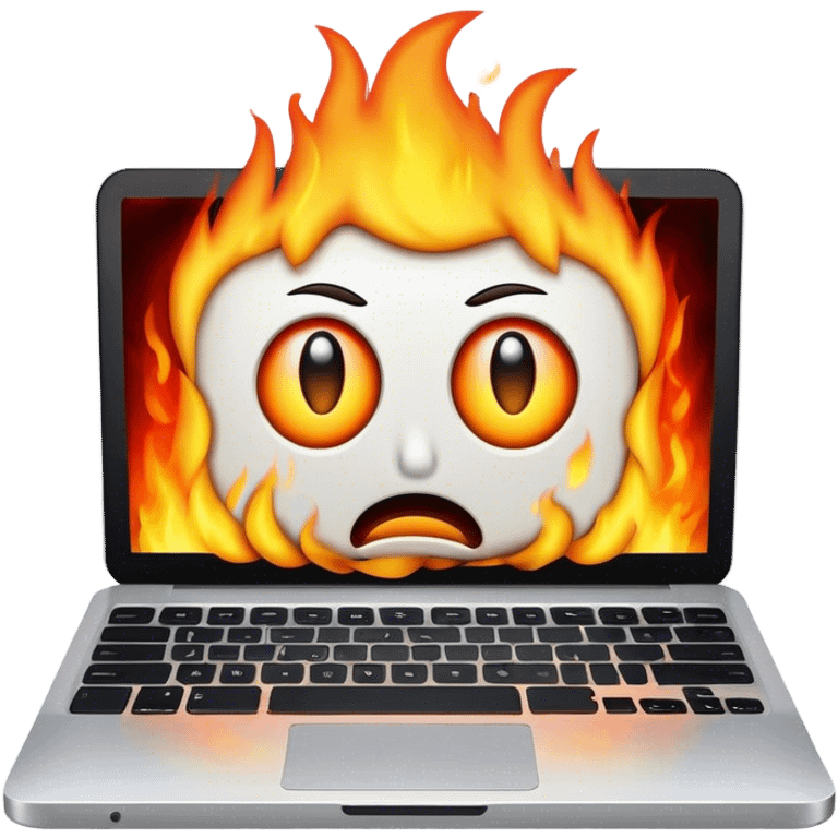 laptop with shocked face, fire, sad  emoji