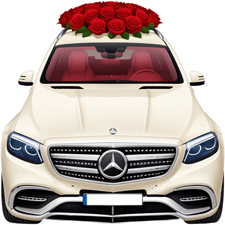 Side profile of White Mercedes Maybach GLS 600 with red roses on the hood emoji