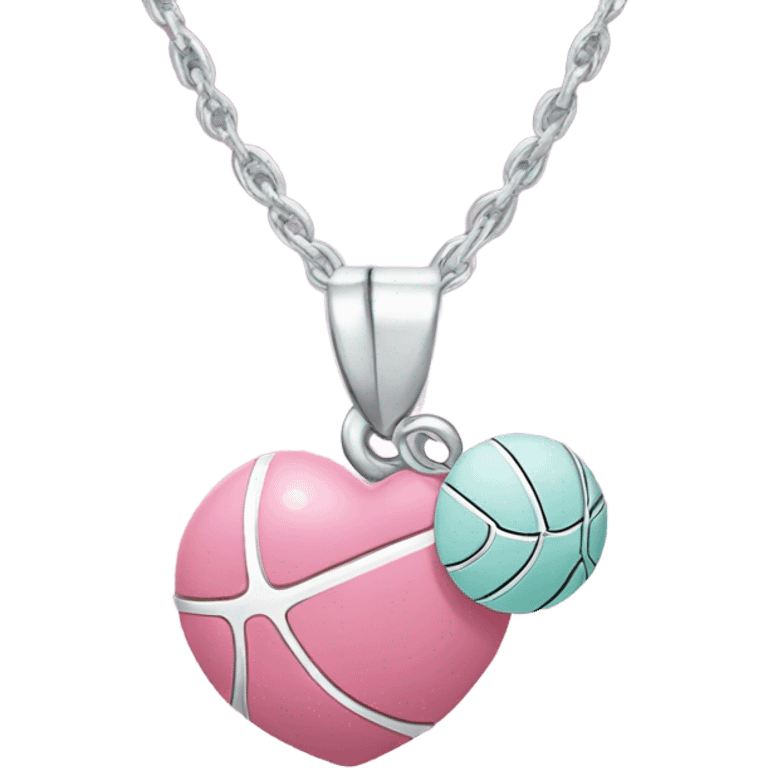 a basketball necklace with a heart. where there are two pendants: a flat silver basketball, and a pink enamel heart. similar to the tiffany and co. heart necklace emoji