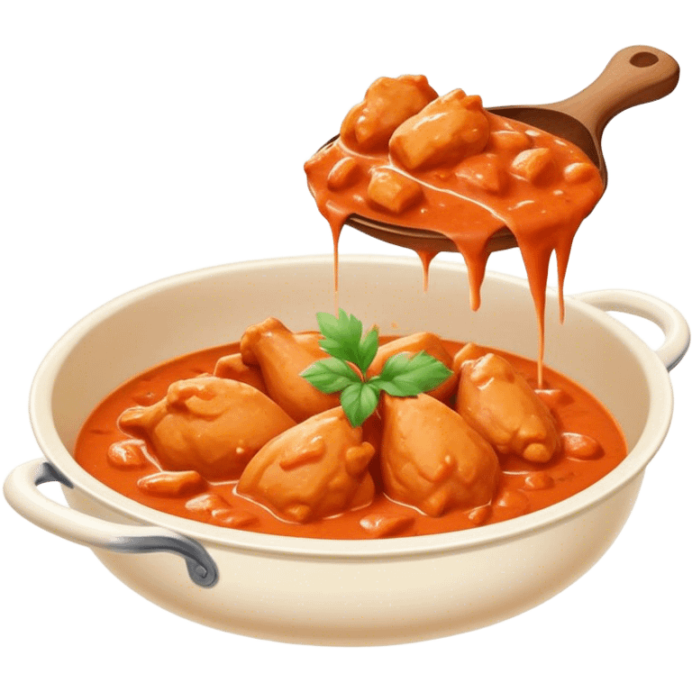 Cinematic Realistic Butter Chicken Dish Emoji, depicted with tender chicken simmered in a creamy tomato‚Äêbased sauce rendered with rich textures and dynamic, appetizing lighting. emoji