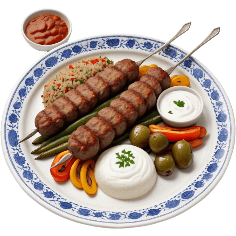 Cinematic Realistic image of a long, hand shaped Turkish Köfte, rendered with richly spiced meat textures and subtle grill marks, artfully arranged on a traditional Turkish ceramic plate alongside classic sides such as a serving of aromatic pilaf, crisp grilled vegetables, and a dollop of creamy yogurt, all bathed in warm, appetizing lighting that emphasizes its savory allure. emoji