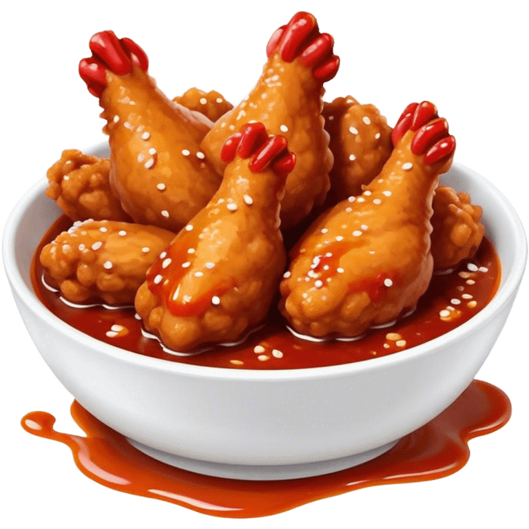 Korean Fried Chicken Cinematic Realistic Korean Fried Chicken Dish Emoji, depicted as bite-sized chicken pieces generously coated in a glossy, spicy sauce, in a bowl. emoji