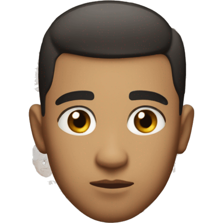 light skin, no beard, short, straight, dark brown hair.
The face is oval in shape.
Brown eyes of medium size, with a serious and slightly contemplative expression. emoji