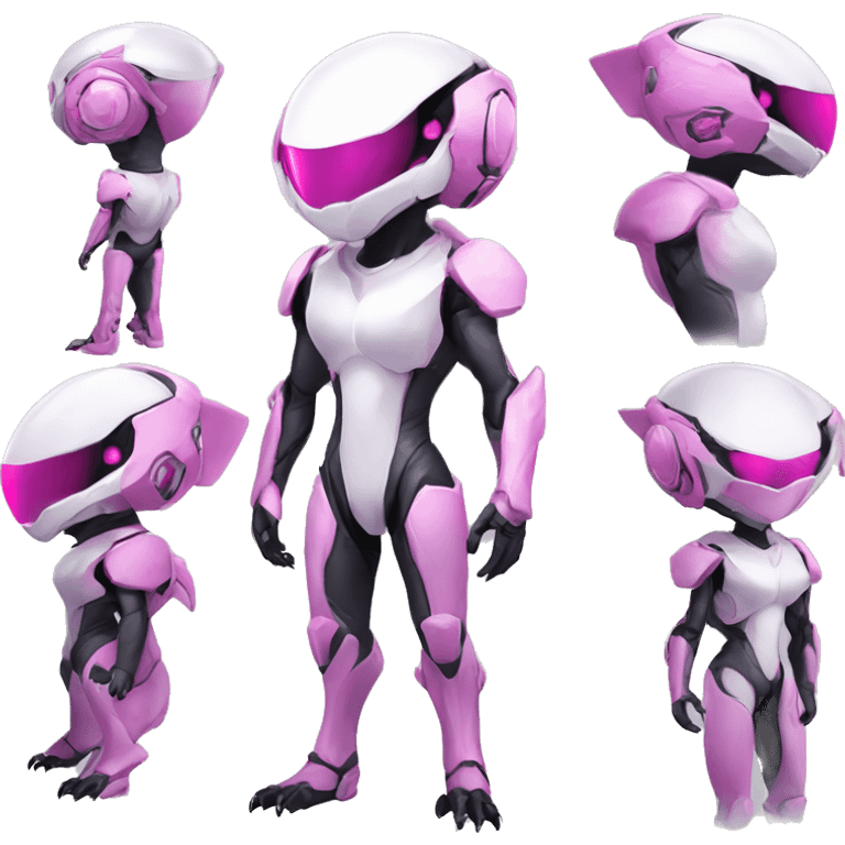 White Lizard-Reptile-Raptor-Alien-Genesect-Mewtwo-Fakémon, with pink eyes, with a futuristic visor-helmet, wearing a techwear-suit, Full Body emoji