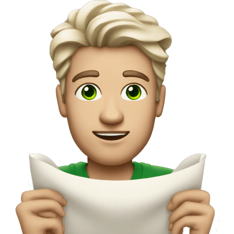 A light-skinned man with piercing green eyes, styled brown hair holding the long white paper scroll emoji