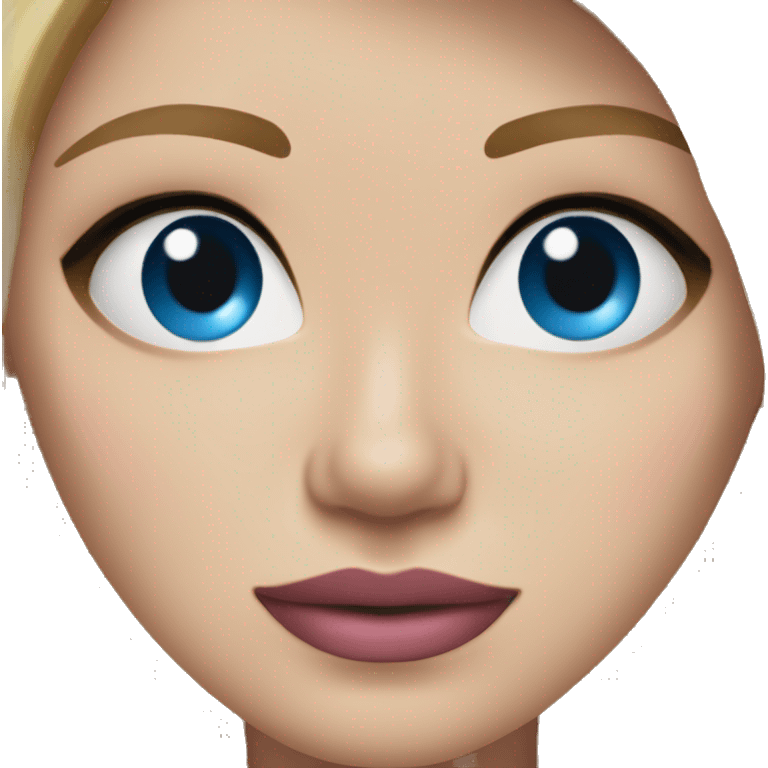 a woman with freckles, blue eyes, light skin, blonde hair and dark roots, pink lips. black clothes. emoji