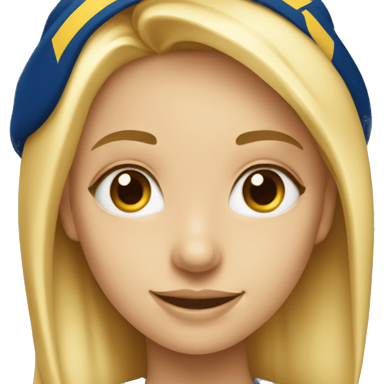 Blonde girl with blue eyes smiling wearing University of Michigan hat emoji