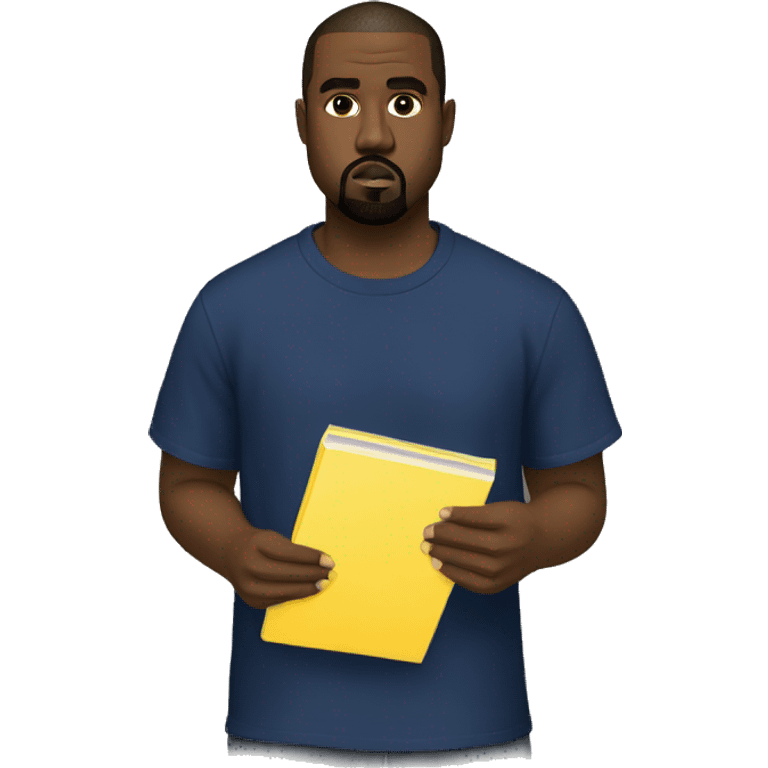 kanye west wearing a dark blue T-shirt, holding a yellow notepad emoji