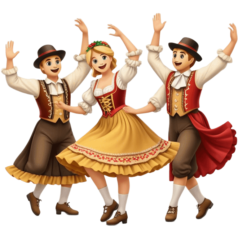 Cinematic Realistic Schuhplattler Dance Emoji, depicted as a lively traditional folk dance scene with performers in authentic Bavarian costumes, rendered with dynamic textures and festive natural lighting that captures the spirit of rural celebration. emoji