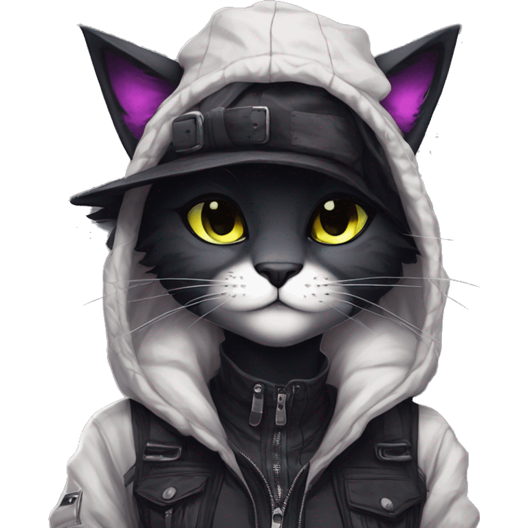 Edgy Beautiful Cool Kawaii Anthro dark cat-fursona punk techwear and hat emoji