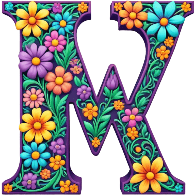 3D, gothic style psychedelic colored Letter V with hippie style flower border emoji