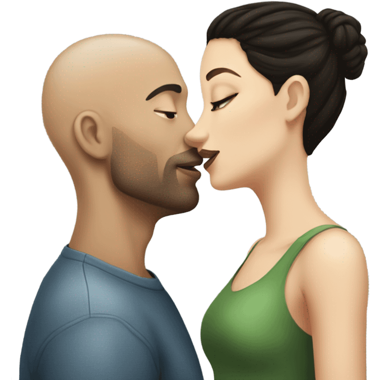 White girl dark hair kissing mixed bald man emoji