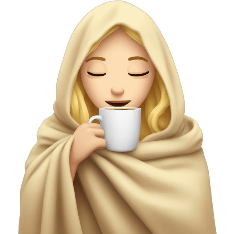 blonde girl inside a blanket sipping coffee eyes closed emoji