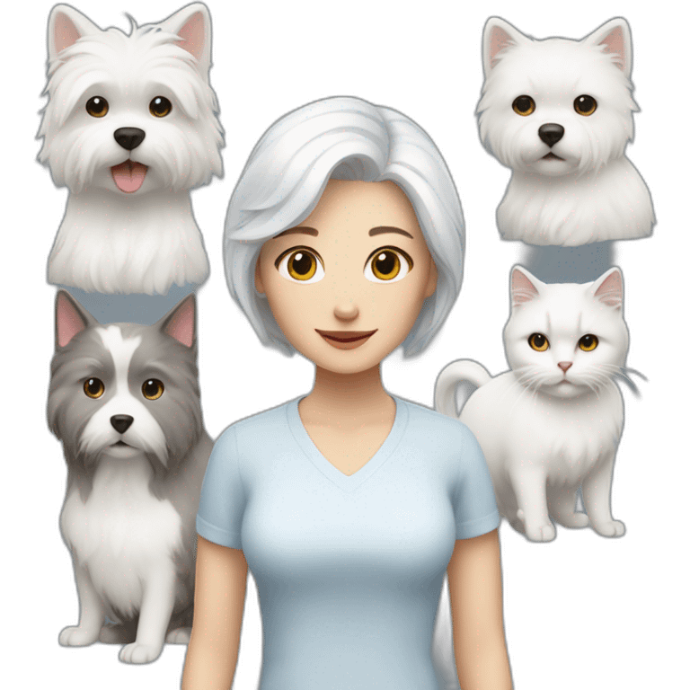 white haired woman with a grey and white cat and a white fluffy dog emoji