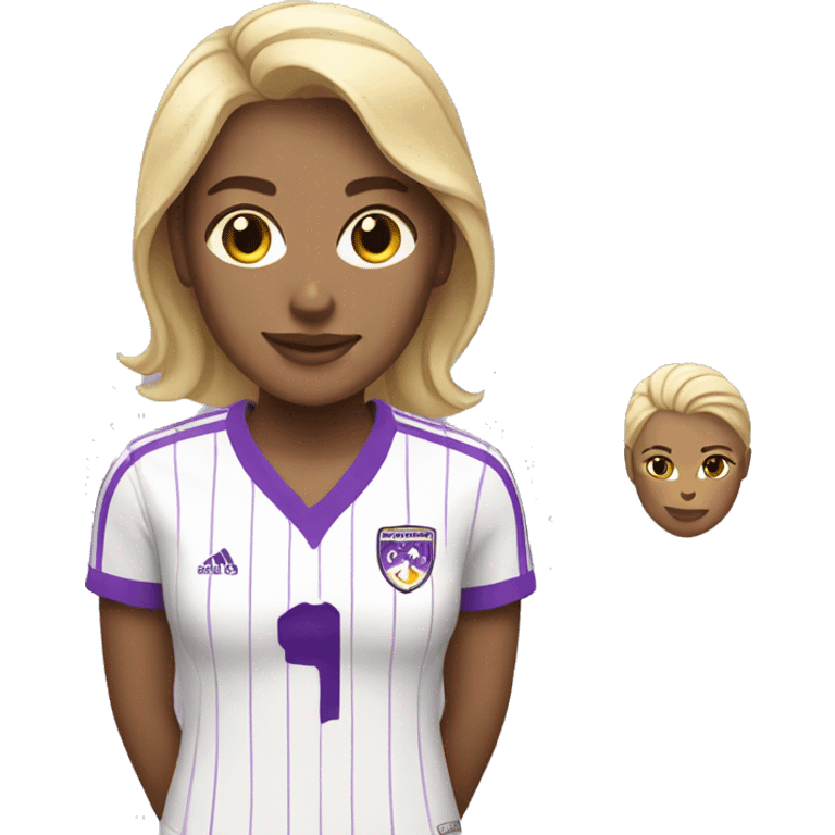 a blonde woman in white soccer jersey with purple pinstripes emoji