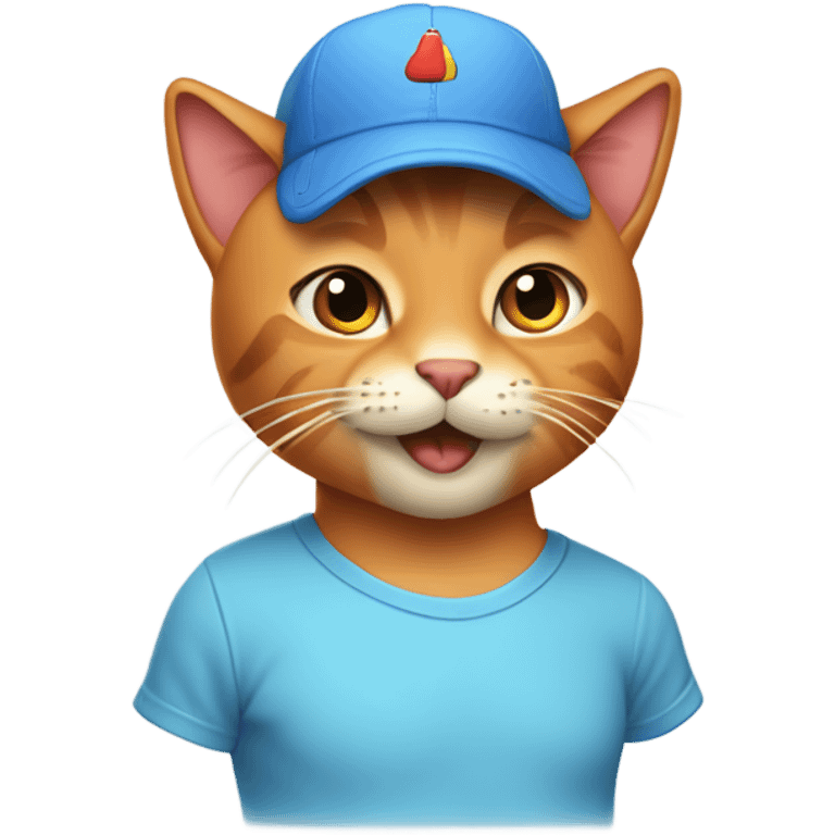 tan-red cat wearing a light-blue t-shirt and a blue base cap taps musical keyboard emoji