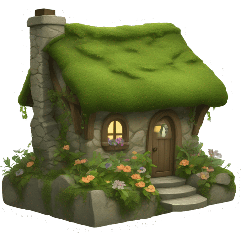 A cozy fantasy cottage made of stone and wood, covered in moss, vines, and flowers emoji