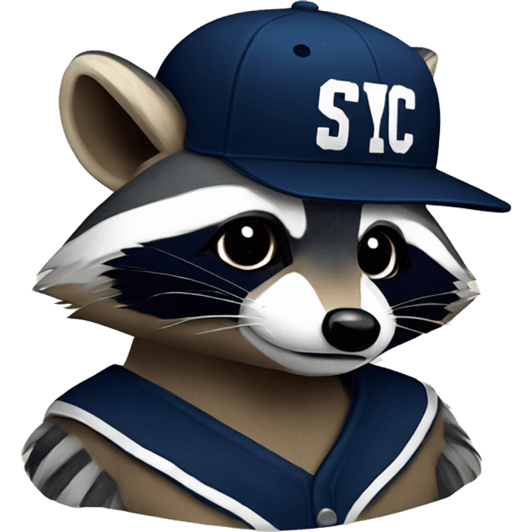 Raccoon with a navy blue baseball hat with the letters SYC on it  emoji