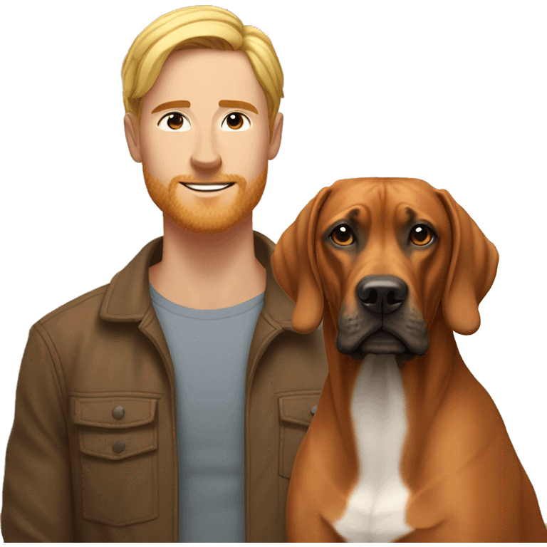 white male with long rainbow colored hair standing alongside a brown rhodesian ridgeback emoji