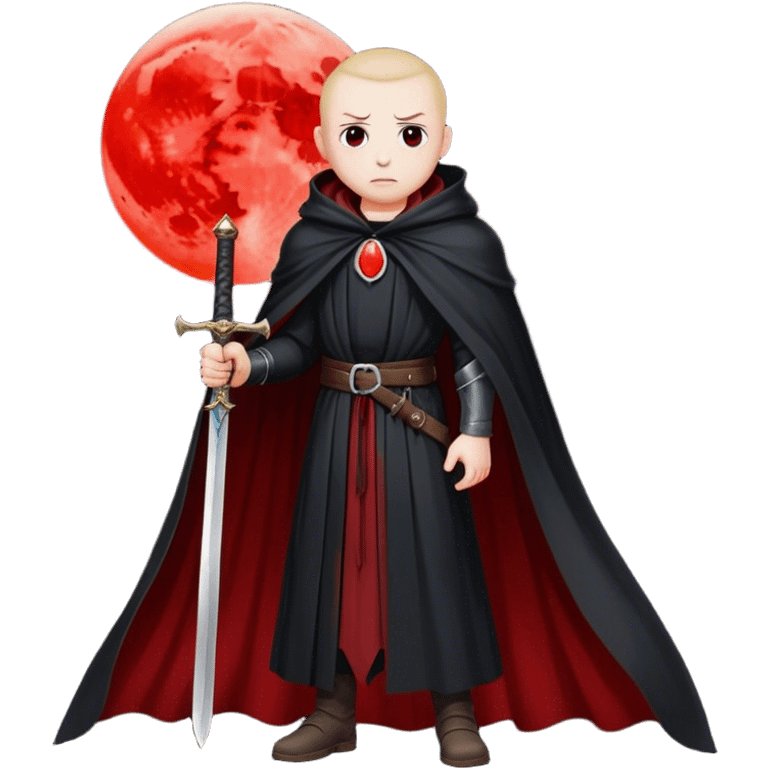 A lone swordsman in a flowing black cloak, standing under a blood-red moon emoji