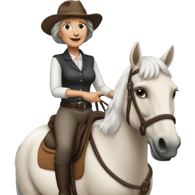 68 year old, brunette woman, attractive, riding a horse ￼ emoji