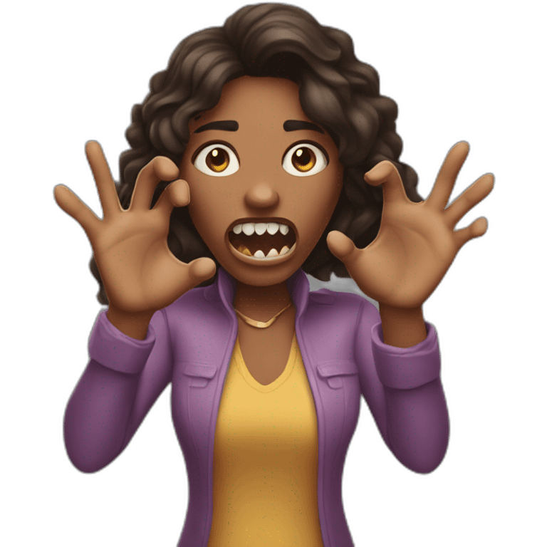 A woman acting like a monster with her hand and her face says grrr. Both hands are visible !  emoji