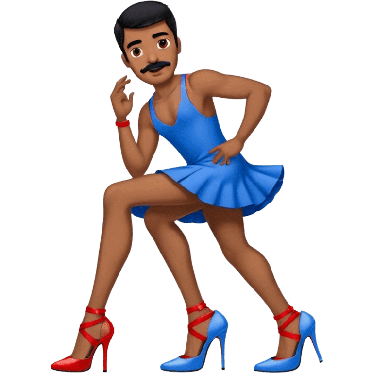 Man in a blue dress and blue and red strappy high heels with black hair and black mustache and brown skin emoji