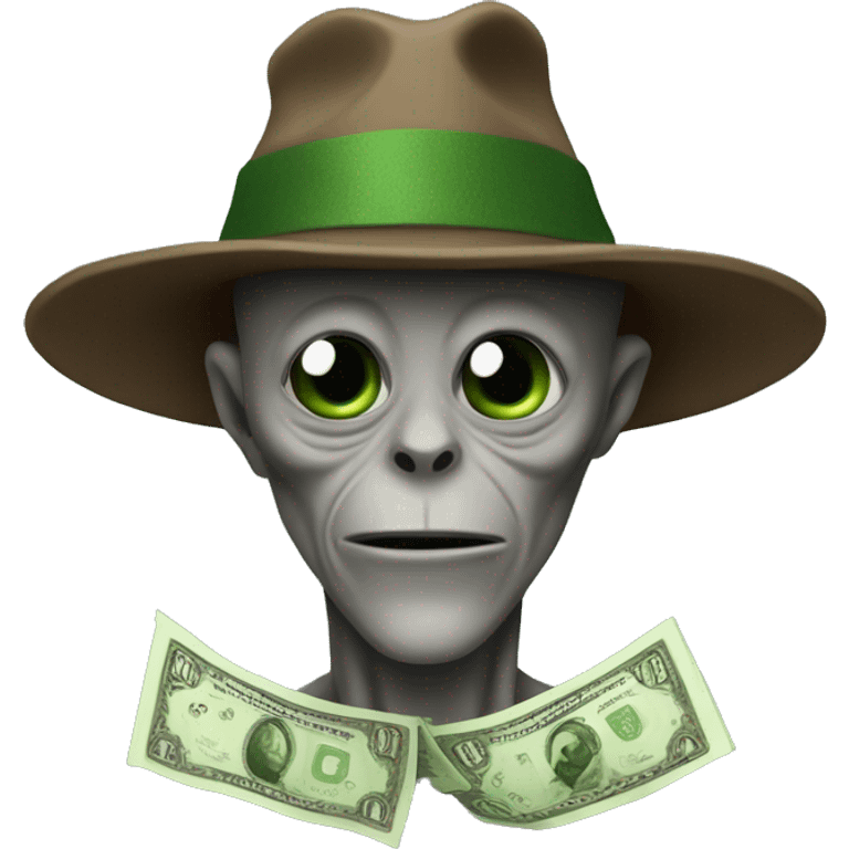 A gray alien wearing a brown hat with a green banknote on it emoji