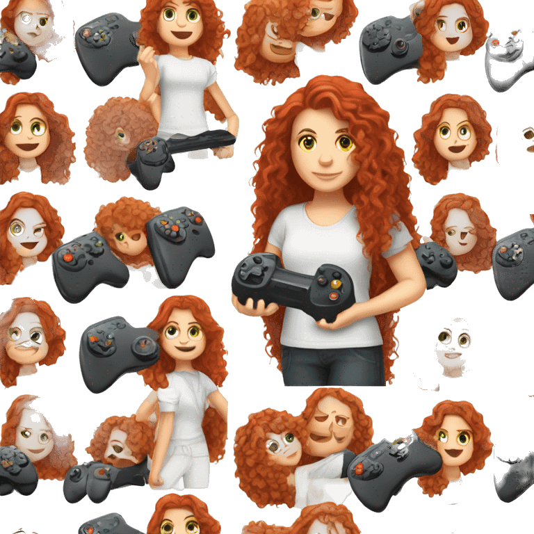 a white girl with long red curly hair, holding a controller emoji