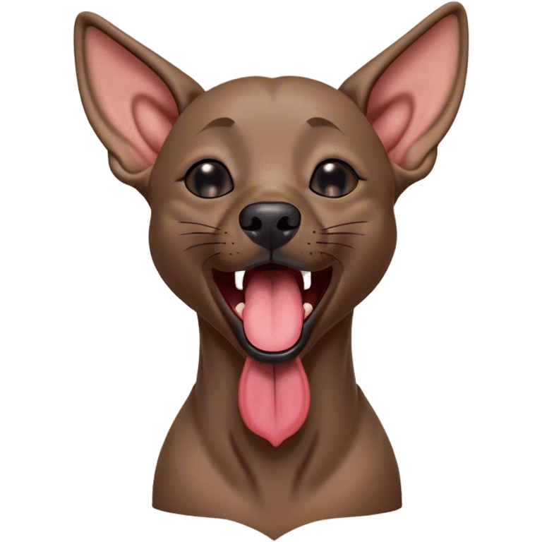 Cinematic Cute Yawning Xoloitzcuintle dog Portrait Emoji, Head tilted slightly with a dramatic, wide-open yawn, showcasing smooth, hairless ebony skin with gently relaxed wrinkles and floppy ears slightly drooping, round dark eyes barely open in drowsy contentment, Simplified yet irresistibly adorable features, highly detailed, glowing with a soft, cozy glow, high shine, relaxed yet expressive, stylized with a touch of whimsy, bright and endearing, soft glowing outline, capturing the essence of a sleepy yet affectionate guardian, so drowsy it feels like it could stretch out of the screen and curl up for a nap! emoji