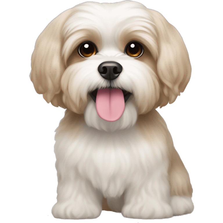 White shih tzu and poodle mix with very light brown ears and a pink nose emoji