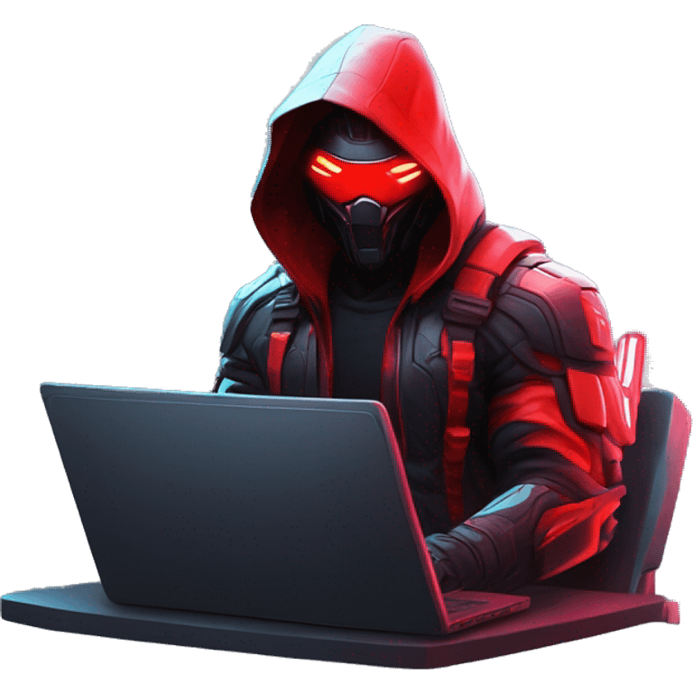 developer behind his laptop with this style : crysis Cyberpunk Riot Games Valorant neon glowing bright red character red dark black hooded assassin themed character emoji