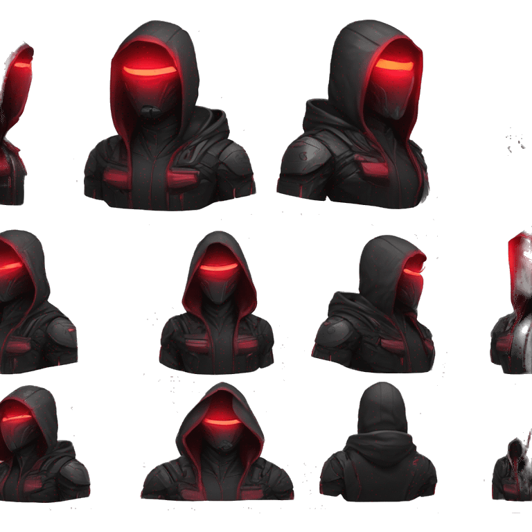 developer behind his laptop with this style : crysis Cyberpunk Riot Games Valorant neon glowing bright red character red dark black hooded assassin themed character emoji