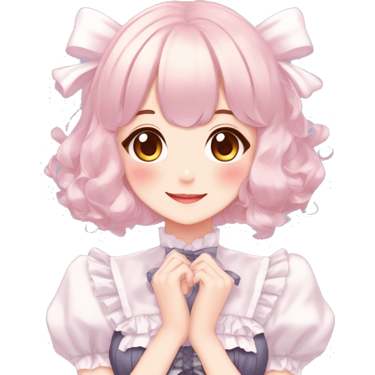 Gorgeous anime style lady blushing face maid outfit Lolita idol model colorful shiny sparkle kawaii pastelcore cottagecore pearly petite simplistic aesthetic trending style emoji