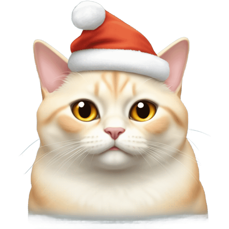 chubby fat, flame point Siamese, short fur, with white fur with orange accents, and blue eyes, smiling, wearing a red santa hat  emoji